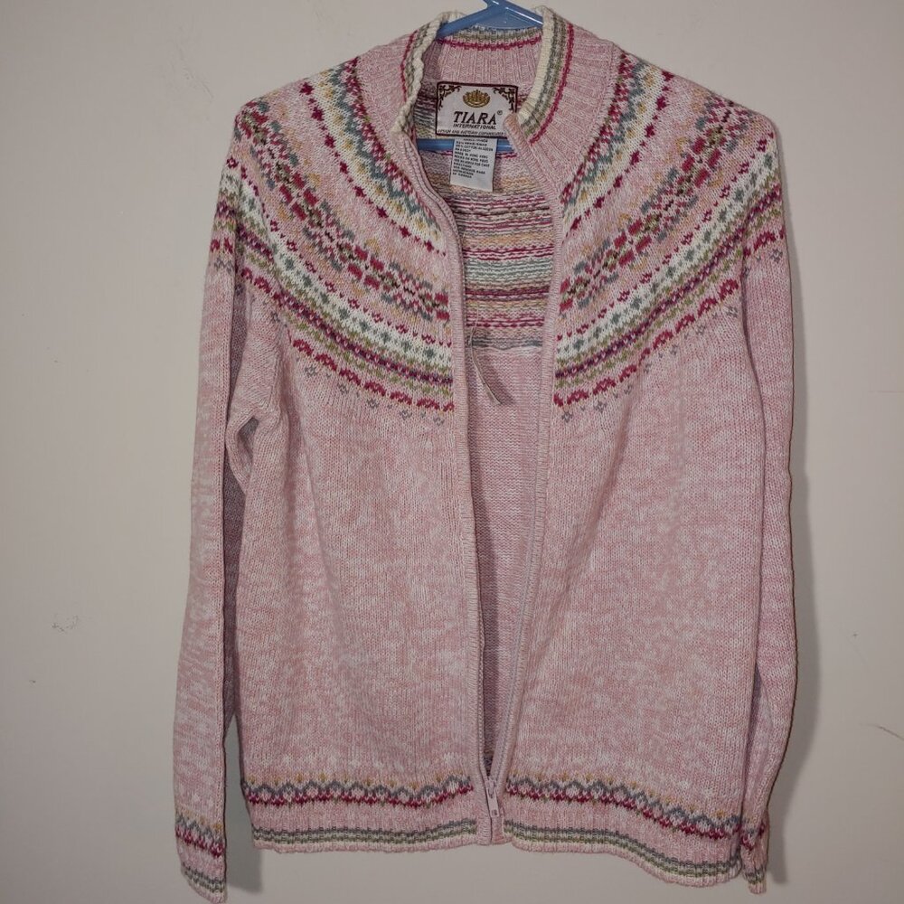 VTG Tiara International Mock Neck Full Zip Fair Island Knit Cardigan Sz S Pink - Picture 3 of 6